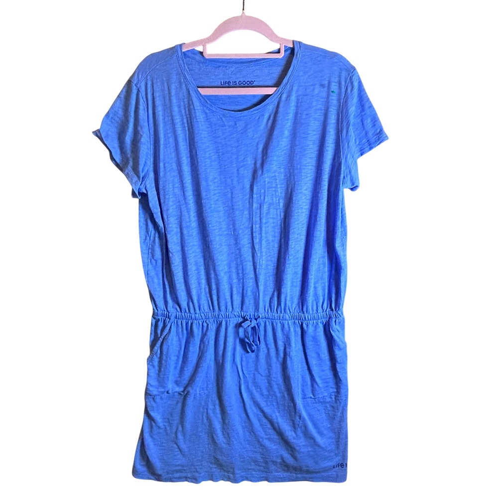 Life‎ is Good Blue Drawstring Waist T Shirt Dress Pockets Casual Comfort Size L